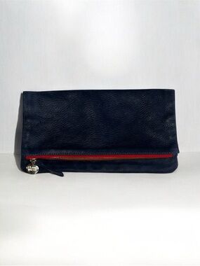 Clare Vivier Navy Pebbled Leather Fold-Over Clutch Pouch with Red Zipper